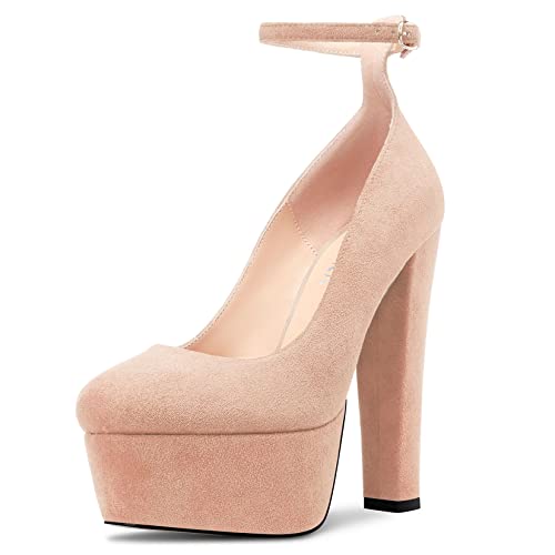 Castamere Damen Chunky Blockabsatz Hoher High Plateau Plattform Absatz Heel Runde Zehenkappe Knöchelriemen Pumps Hochzeit Cute 15 cm Heels Beige 37 EU von Castamere