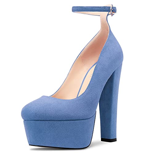 Castamere Damen Chunky Blockabsatz Hoher High Plateau Plattform Absatz Heel Runde Zehenkappe Knöchelriemen Pumps Hochzeit Cute 15 cm Heels Blau 37 EU von Castamere