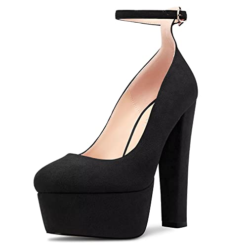 Castamere Damen Chunky Blockabsatz Hoher High Plateau Plattform Absatz Heel Runde Zehenkappe Knöchelriemen Pumps Hochzeit Cute 15 cm Heels Schwarz 36 EU von Castamere