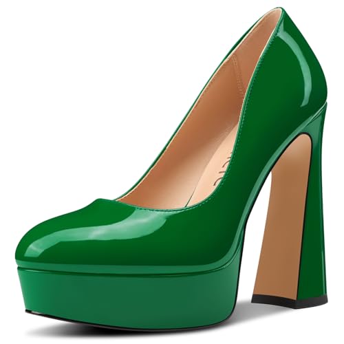 Castamere Damen Chunky Blockabsatz Hoher High Plateau Plattform Absatz Heel Runde Zehenkappe Pumps Slip-on Büroschuhe Dress 14 cm Heels Grün 39 EU von Castamere