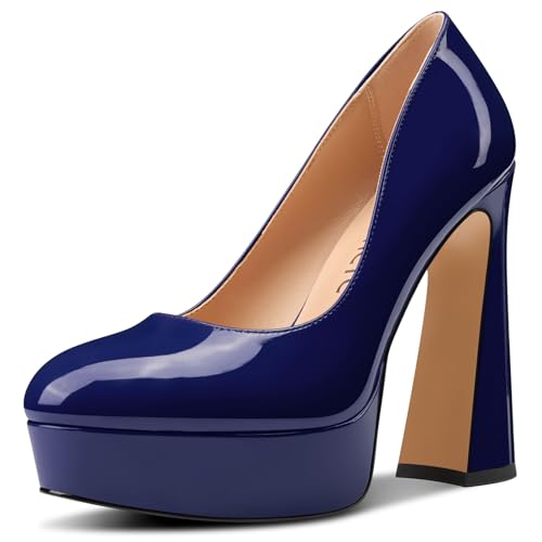 Castamere Damen Chunky Blockabsatz Hoher High Plateau Plattform Absatz Heel Runde Zehenkappe Pumps Slip-on Büroschuhe Dress 14 cm Heels Marineblau 44 EU von Castamere