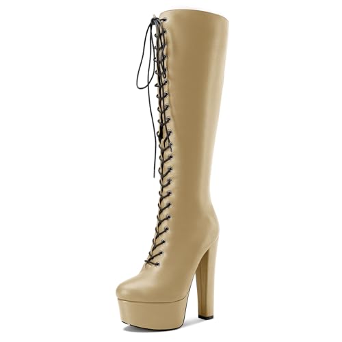 Castamere Damen Chunky Blockabsatz Hoher High Plateau Plattform Absatz Heel Runde Zehenkappe Schnüren Schnürung Reißverschluss Mid Calf Stiefel 15 CM Heels Gold 41 EU von Castamere