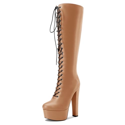Castamere Damen Chunky Blockabsatz Hoher High Plateau Plattform Absatz Heel Runde Zehenkappe Schnüren Schnürung Reißverschluss Mid Calf Stiefel 15 CM Heels Hellbraun 43 EU von Castamere