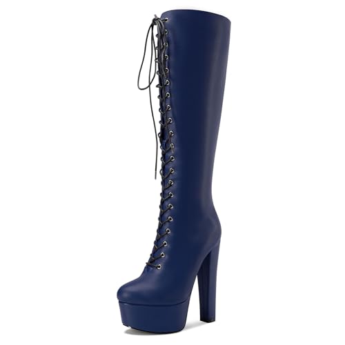 Castamere Damen Chunky Blockabsatz Hoher High Plateau Plattform Absatz Heel Runde Zehenkappe Schnüren Schnürung Reißverschluss Mid Calf Stiefel 15 CM Heels Marineblau 42 EU von Castamere