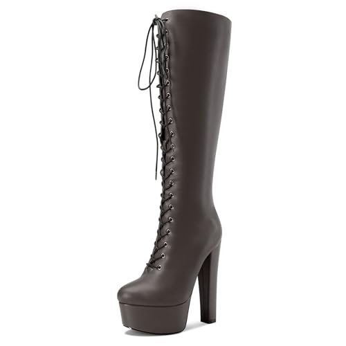 Castamere Damen Chunky Blockabsatz Hoher High Plateau Plattform Absatz Heel Runde Zehenkappe Schnüren Schnürung Reißverschluss Mid Calf Stiefel 15 CM Heels Metallisch 45 EU von Castamere