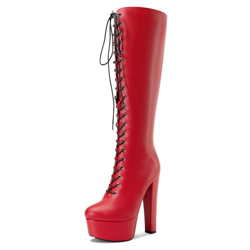 Castamere Damen Chunky Blockabsatz Hoher High Plateau Plattform Absatz Heel Runde Zehenkappe Schnüren Schnürung Reißverschluss Mid Calf Stiefel 15 CM Heels Rot 39 EU von Castamere