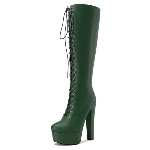 Castamere Damen Chunky Blockabsatz Hoher High Plateau Plattform Absatz Heel Runde Zehenkappe Schnüren Schnürung Reißverschluss Mid Calf Stiefel 15 CM Heels Tiefgrün 43 EU von Castamere