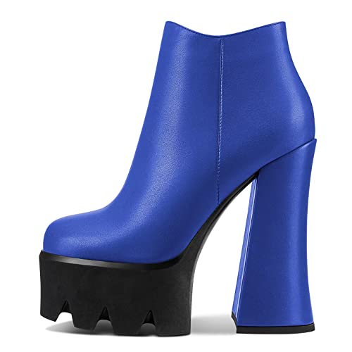 Castamere Damen Chunky Blockabsatz Hoher High Plateau Plattform Absatz Heel Runde Zehenkappe Stiefeletten Slip-on Reißverschluss Dress Party Stiefel Blau A 40 EU von Castamere