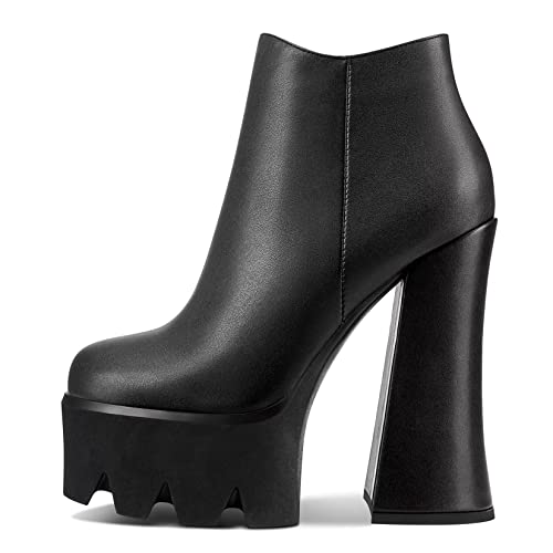 Castamere Damen Chunky Blockabsatz Hoher High Plateau Plattform Absatz Heel Runde Zehenkappe Stiefeletten Slip-on Reißverschluss Dress Party Stiefel Schwarz Matt 37 EU von Castamere