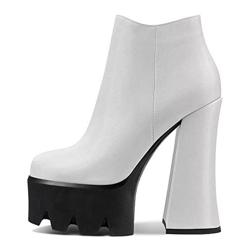 Castamere Damen Chunky Blockabsatz Hoher High Plateau Plattform Absatz Heel Runde Zehenkappe Stiefeletten Slip-on Reißverschluss Dress Party Stiefel Weiß Matt 40 EU von Castamere