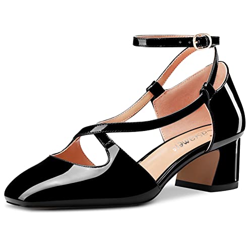 Castamere Damen Chunky Blockabsatz Mittlerem Absatz Heel Eckige Zehenkappe Kreuzriemen Pumps Hochzeit Dress 5 cm Heels Schwarz Lackleder 39 EU von Castamere