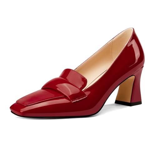 Castamere Damen Chunky Blockabsatz Mittlerem Absatz Heel Eckige Zehenkappe Pumps Slip-on Büroschuhe Dress Loafers Schuhe 7 cm Heels Burgunderrot 38 EU von Castamere