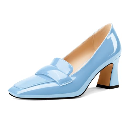 Castamere Damen Chunky Blockabsatz Mittlerem Absatz Heel Eckige Zehenkappe Pumps Slip-on Büroschuhe Dress Loafers Schuhe 7 cm Heels Himmelblau 39 EU von Castamere