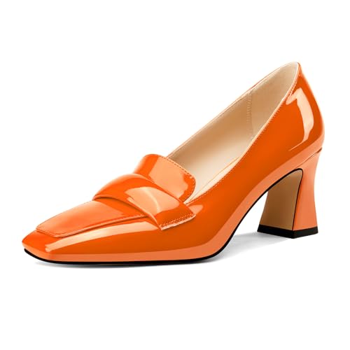 Castamere Damen Chunky Blockabsatz Mittlerem Absatz Heel Eckige Zehenkappe Pumps Slip-on Büroschuhe Dress Loafers Schuhe 7 cm Heels Orange 39 EU von Castamere