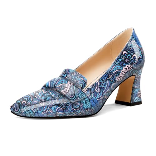 Castamere Damen Chunky Blockabsatz Mittlerem Absatz Heel Eckige Zehenkappe Pumps Slip-on Büroschuhe Dress Loafers Schuhe 7 cm Heels Pfauenblau 41 EU von Castamere