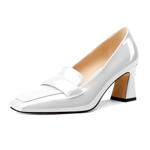 Castamere Damen Chunky Blockabsatz Mittlerem Absatz Heel Eckige Zehenkappe Pumps Slip-on Büroschuhe Dress Loafers Schuhe 7 cm Heels Weiß 40 EU von Castamere
