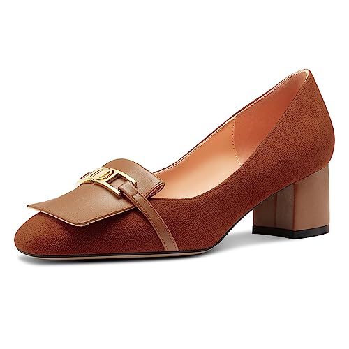 Castamere Damen Chunky Blockabsatz Mittlerem Absatz Heel Eckige Zehenkappe Slip-on Metall Kette Pumps Hochzeit Abschlussball Dress 5 cm Heels Dunkelbraun 42 EU von Castamere