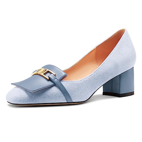 Castamere Damen Chunky Blockabsatz Mittlerem Absatz Heel Eckige Zehenkappe Slip-on Metall Kette Pumps Hochzeit Abschlussball Dress 5 cm Heels Hellblau 39 EU von Castamere
