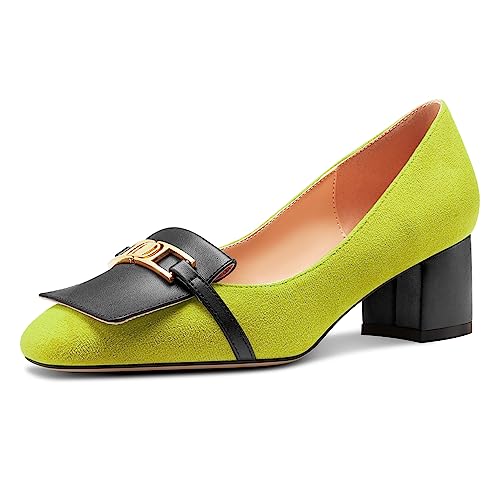 Castamere Damen Chunky Blockabsatz Mittlerem Absatz Heel Eckige Zehenkappe Slip-on Metall Kette Pumps Hochzeit Abschlussball Dress 5 cm Heels Limonengrün 41 EU von Castamere