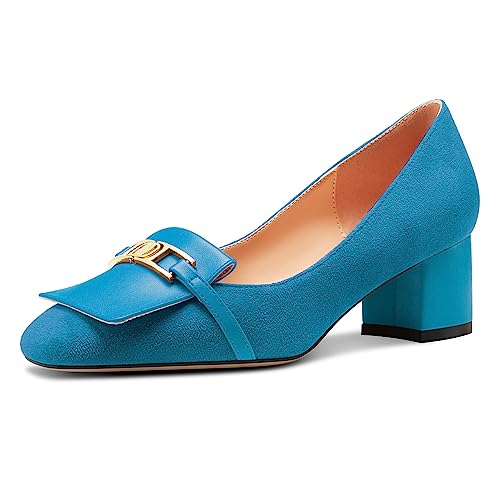 Castamere Damen Chunky Blockabsatz Mittlerem Absatz Heel Eckige Zehenkappe Slip-on Metall Kette Pumps Hochzeit Abschlussball Dress 5 cm Heels Pfauenblau 41 EU von Castamere