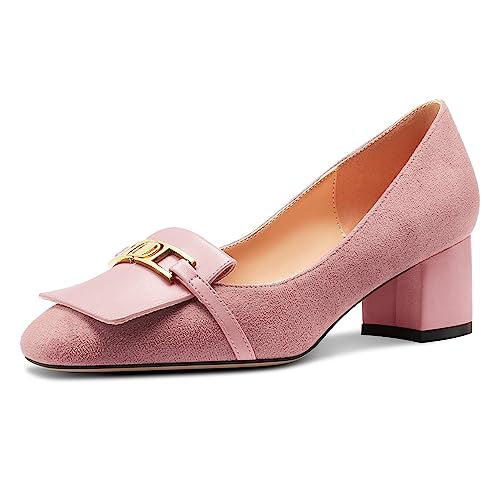 Castamere Damen Chunky Blockabsatz Mittlerem Absatz Heel Eckige Zehenkappe Slip-on Metall Kette Pumps Hochzeit Abschlussball Dress 5 cm Heels Pfirsichrosa 39 EU von Castamere