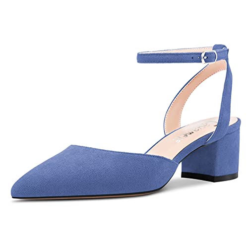Castamere Damen Chunky Blockabsatz Mittlerem Absatz Heel Geschlossene Spitze Zehenkappe Pumps Knöchelriemen Slingback Schnalle Party Dress Schuhe Blau 42 EU von Castamere
