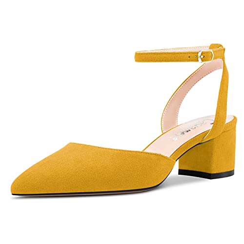 Castamere Damen Chunky Blockabsatz Mittlerem Absatz Heel Geschlossene Spitze Zehenkappe Pumps Knöchelriemen Slingback Schnalle Party Dress Schuhe Gelb 39 EU von Castamere