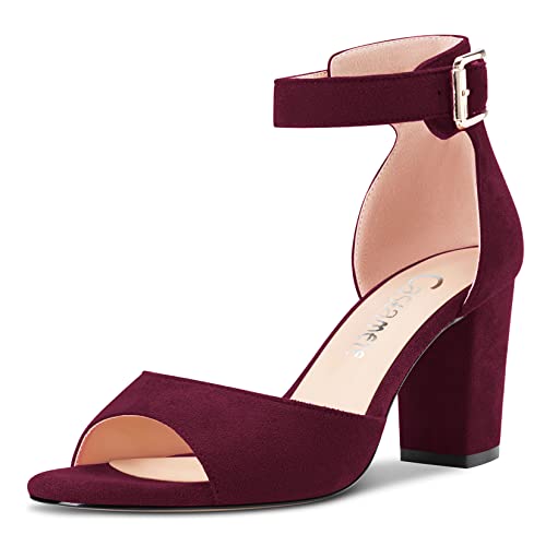 Castamere Damen Chunky Blockabsatz Mittlerem Absatz Heel Peep Open Zehenkappe Knöchelriemen Sandalen Burgund Rot 35 EU von Castamere