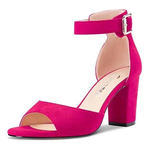 Castamere Damen Chunky Blockabsatz Mittlerem Absatz Heel Peep Open Zehenkappe Knöchelriemen Sandalen Magenta Rot 39 EU von Castamere