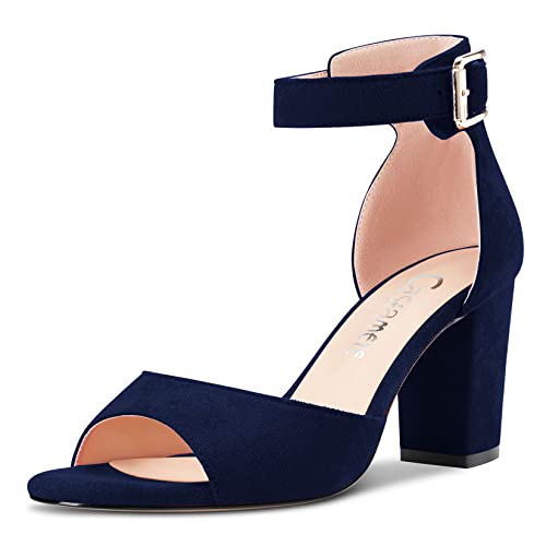 Castamere Damen Chunky Blockabsatz Mittlerem Absatz Heel Peep Open Zehenkappe Knöchelriemen Sandalen Navy Blau 40 EU von Castamere