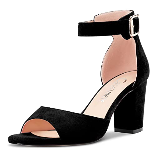 Castamere Damen Chunky Blockabsatz Mittlerem Absatz Heel Peep Open Zehenkappe Knöchelriemen Sandalen Schwarz Wildleder 35 EU von Castamere