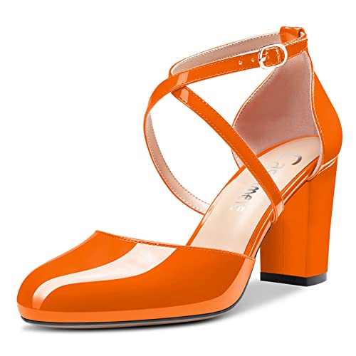 Castamere Damen Chunky Blockabsatz Mittlerem Absatz Heel Runde Zehenkappe Kreuzriemen Pumps Slip-on Klassisch Cute Dress 8 cm Heels Orange 39 EU von Castamere