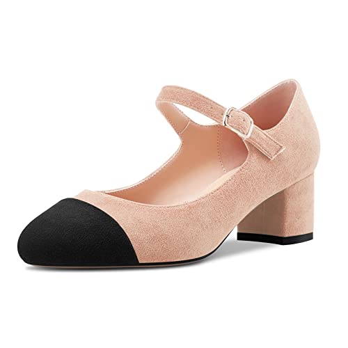 Castamere Damen Chunky Blockabsatz Mittlerem Absatz Heel Runde Zehenkappe Mary Jane Pumps Hochzeit Büroschuhe Lässig 5 cm Heels Beige Wildleder 44 EU von Castamere