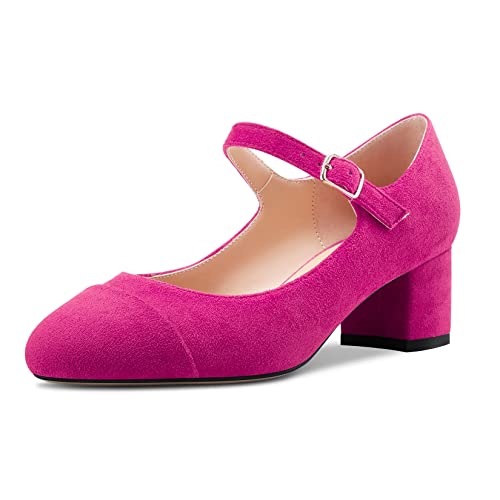 Castamere Damen Chunky Blockabsatz Mittlerem Absatz Heel Runde Zehenkappe Mary Jane Pumps Hochzeit Büroschuhe Lässig 5 cm Heels Magenta Rot Wildleder A 38 EU von Castamere