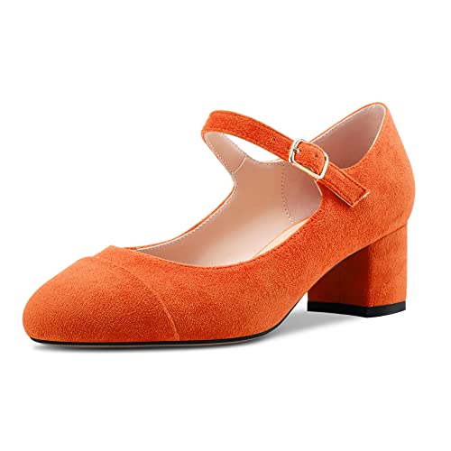 Castamere Damen Chunky Blockabsatz Mittlerem Absatz Heel Runde Zehenkappe Mary Jane Pumps Hochzeit Büroschuhe Lässig 5 cm Heels Orange Wildleder 42 EU von Castamere