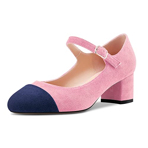 Castamere Damen Chunky Blockabsatz Mittlerem Absatz Heel Runde Zehenkappe Mary Jane Pumps Hochzeit Büroschuhe Lässig 5 cm Heels Rosa Wildleder A 42 EU von Castamere