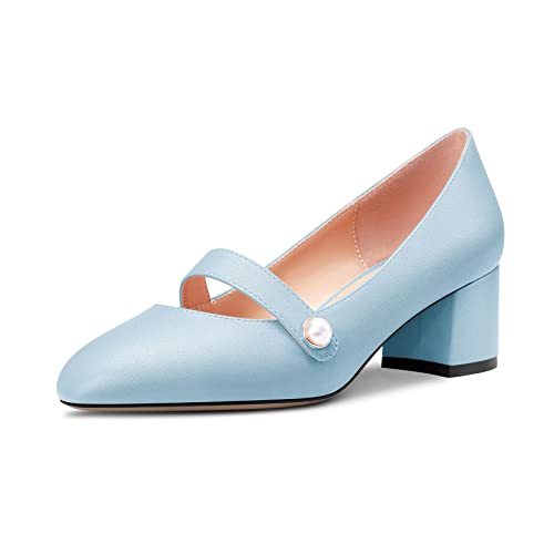 Castamere Damen Chunky Blockabsatz Mittlerem Absatz Heel Runde Zehenkappe Pumps Slip-on Büroschuhe Cute 5 cm Heels Hellblau 40 EU von Castamere