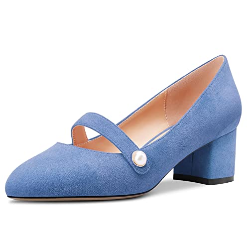 Castamere Damen Chunky Blockabsatz Mittlerem Absatz Heel Runde Zehenkappe Slip-on Pumps Hochzeit Party Cute 5 cm Heels Blau 35 EU von Castamere