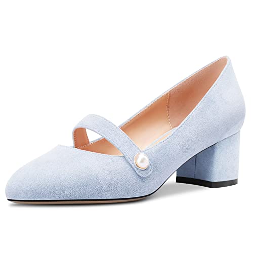 Castamere Damen Chunky Blockabsatz Mittlerem Absatz Heel Runde Zehenkappe Slip-on Pumps Hochzeit Party Cute 5 cm Heels Hellblau 38 EU von Castamere