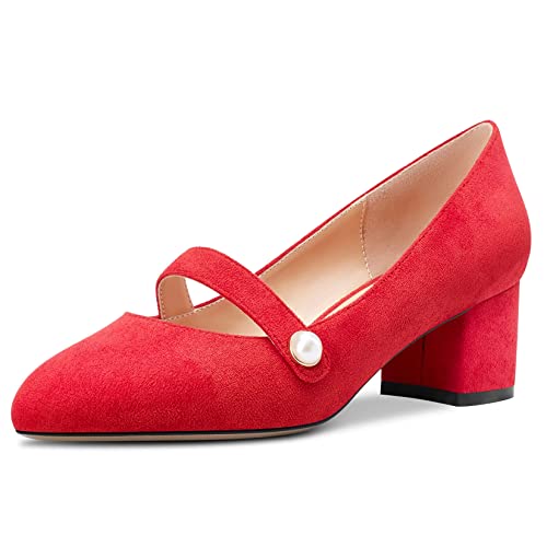 Castamere Damen Chunky Blockabsatz Mittlerem Absatz Heel Runde Zehenkappe Slip-on Pumps Hochzeit Party Cute 5 cm Heels Rot 40 EU von Castamere