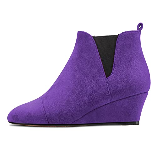 Castamere Damen Chunky Blockabsatz Mittlerem Absatz Heel Runde Zehenkappe Stiefeletten Slip-on Klassisch Dress Party Büroschuhe Stiefel 5 CM Heels Violett 40 EU von Castamere