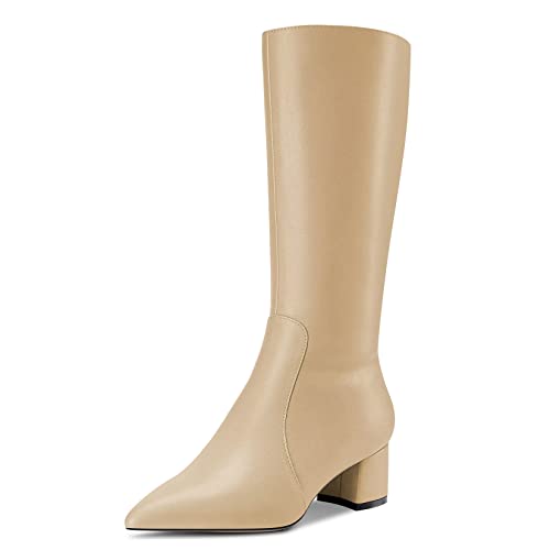 Castamere Damen Chunky Blockabsatz Mittlerem Absatz Heel Spitze Zehenkappe Mid Calf Reißverschluss Stiefel Hochzeit Cute 5 CM Heels Beige 45 EU von Castamere