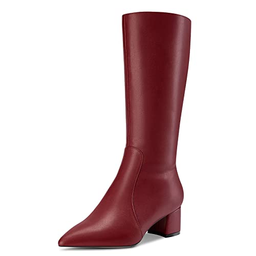 Castamere Damen Chunky Blockabsatz Mittlerem Absatz Heel Spitze Zehenkappe Mid Calf Reißverschluss Stiefel Hochzeit Cute 5 CM Heels Burgund Rot 39 EU von Castamere