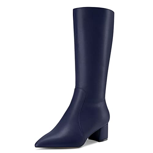 Castamere Damen Chunky Blockabsatz Mittlerem Absatz Heel Spitze Zehenkappe Mid Calf Reißverschluss Stiefel Hochzeit Cute 5 CM Heels Navy Blau 38 EU von Castamere