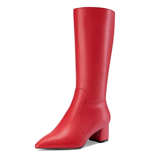 Castamere Damen Chunky Blockabsatz Mittlerem Absatz Heel Spitze Zehenkappe Mid Calf Reißverschluss Stiefel Hochzeit Cute 5 CM Heels Rot 41 EU von Castamere