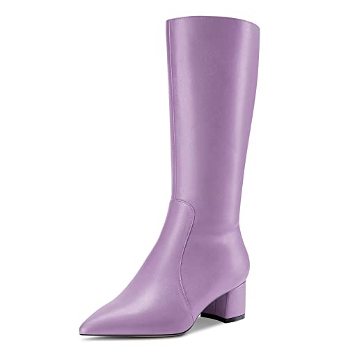 Castamere Damen Chunky Blockabsatz Mittlerem Absatz Heel Spitze Zehenkappe Mid Calf Reißverschluss Stiefel Hochzeit Cute 5 CM Heels Violett 45 EU von Castamere