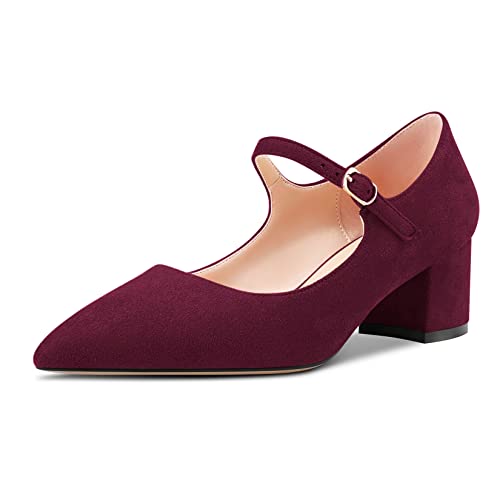 Castamere Damen Chunky Blockabsatz Mittlerem Absatz Heel Spitze Zehenkappe Pumps Mary Jane Schnalle Hochzeit Sexy Dress Schuhe Burgund Rot 37 EU von Castamere