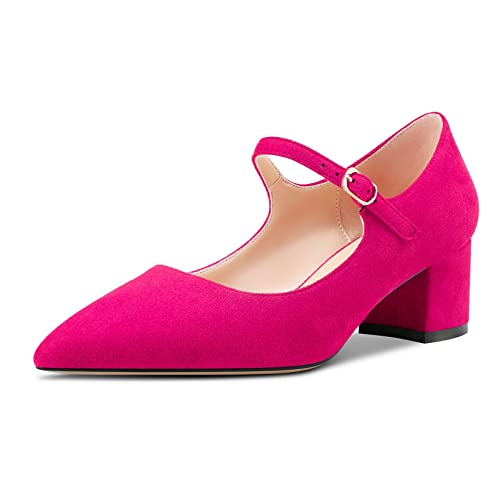 Castamere Damen Chunky Blockabsatz Mittlerem Absatz Heel Spitze Zehenkappe Pumps Mary Jane Schnalle Hochzeit Sexy Dress Schuhe Magenta Rot 39 EU von Castamere