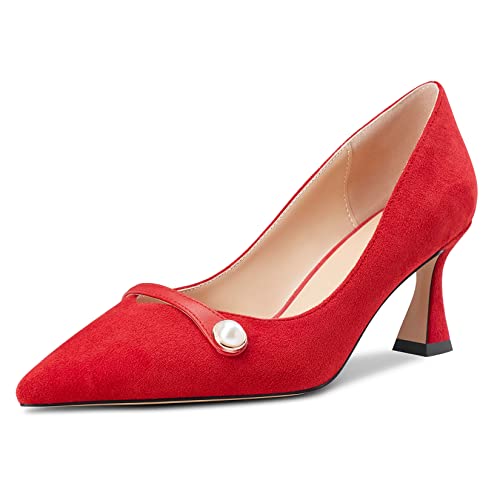 Castamere Damen Chunky Blockabsatz Mittlerem Absatz Heel Spitze Zehenkappe Slip-on Pumps Hochzeit Büroschuhe 6.5 cm Heels Rot 41 EU von Castamere
