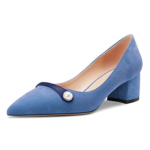 Castamere Damen Chunky Blockabsatz Mittlerem Absatz Heel Spitze Zehenkappe Slip-on Pumps Hochzeit Dress 5 cm Heels Blau 40 EU von Castamere